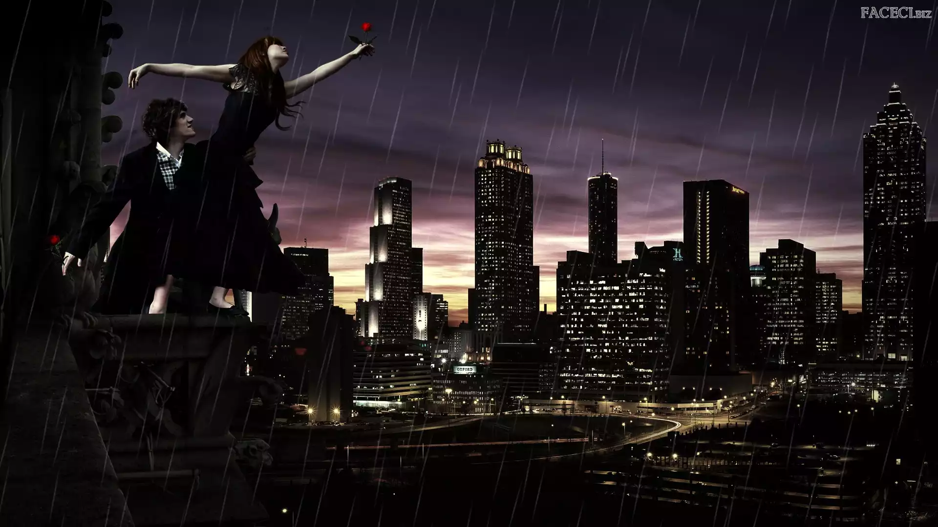 Deszcz, Nocą, Mężczyzna, Kobieta , Miasto